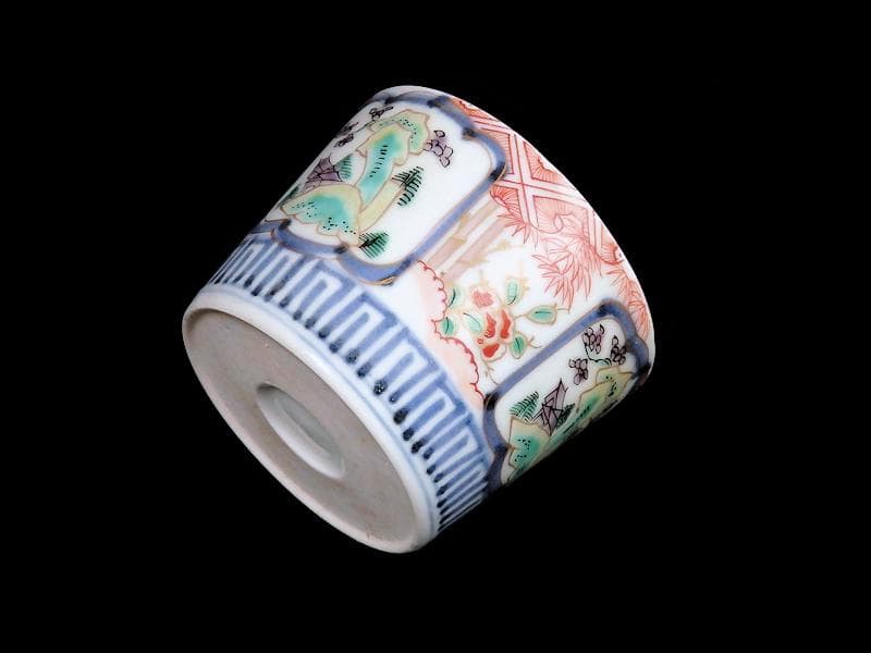 古伊万里　色絵　窓絵　岩に東屋　笹に花の図　蕎麦猪口　351AS-fbmr