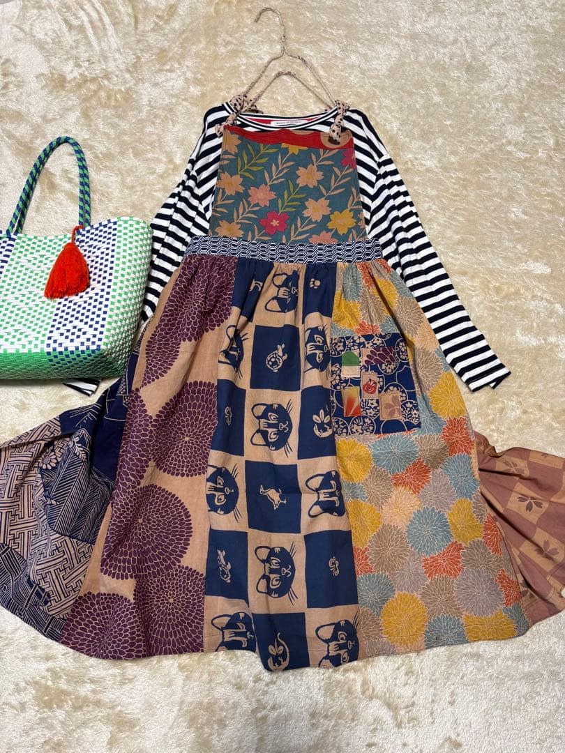 1120 胸当て付エプロン　猫　リメイク　handmade 柿渋染　手ぬぐい