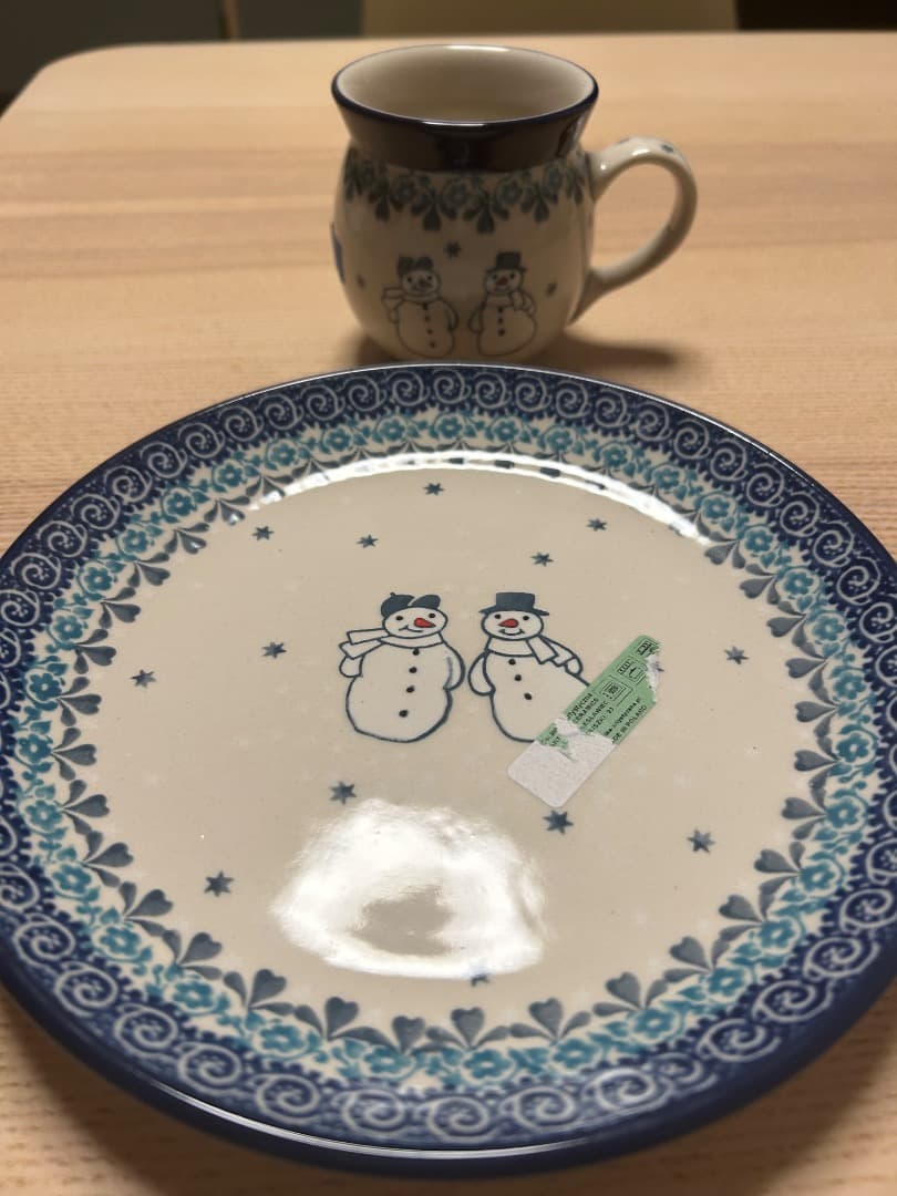 新品　ポーリッシュポタリー　ツェラミカ　丸皿　コップ　雪だるま