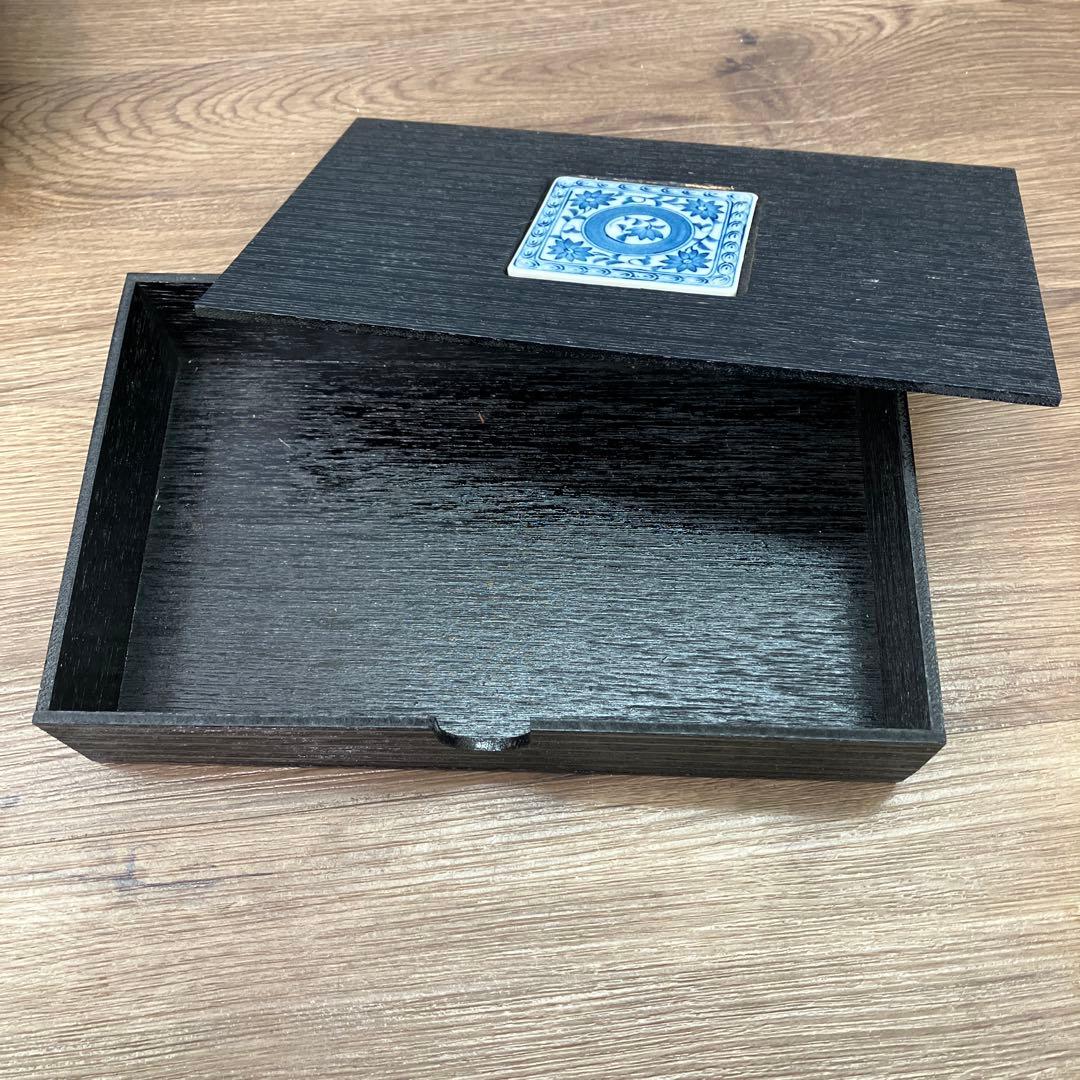 D-5 美品 和食器 染付 長皿 5枚セット 陶板飾り付 漆調木箱入り 平皿