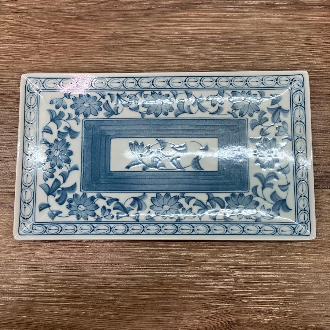 D-5 美品 和食器 染付 長皿 5枚セット 陶板飾り付 漆調木箱入り 平皿