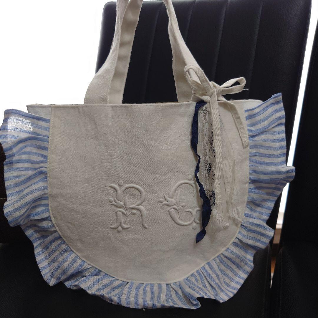 フランスアンティークトート/イニシャル刺繍クロス×リベコストライプリネン