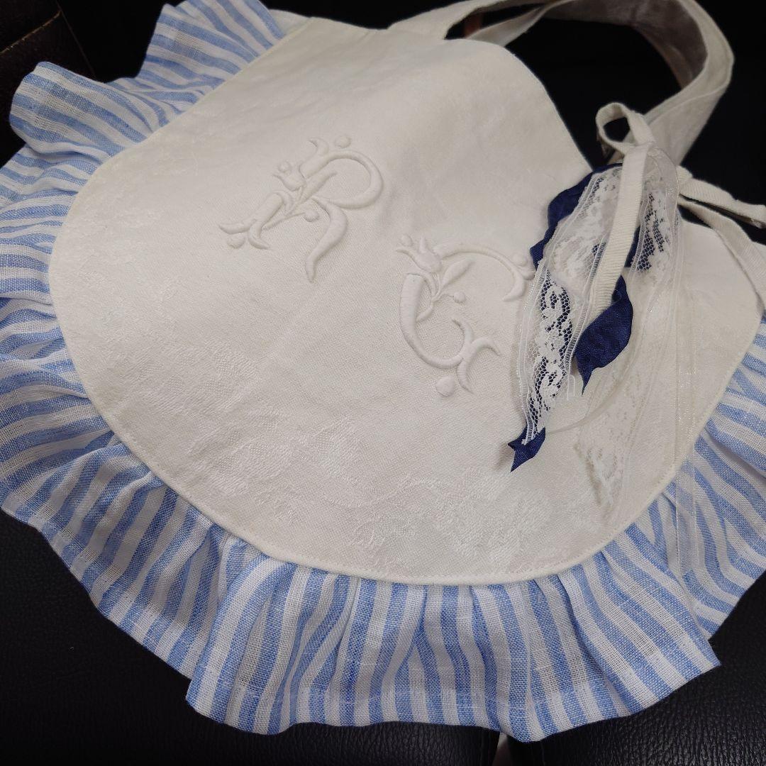 フランスアンティークトート/イニシャル刺繍クロス×リベコストライプリネン