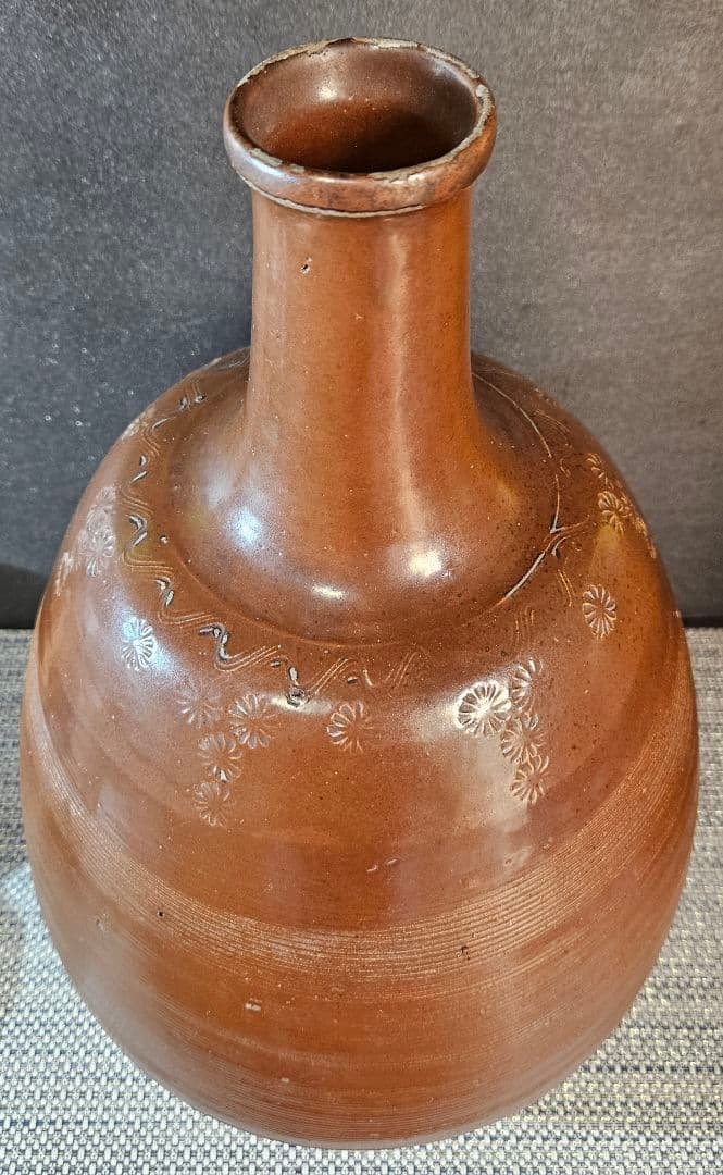 明治時代　古備前系　古丹波系　古瀬戸系 花印　糸目文様　高37.6cm　大徳利
