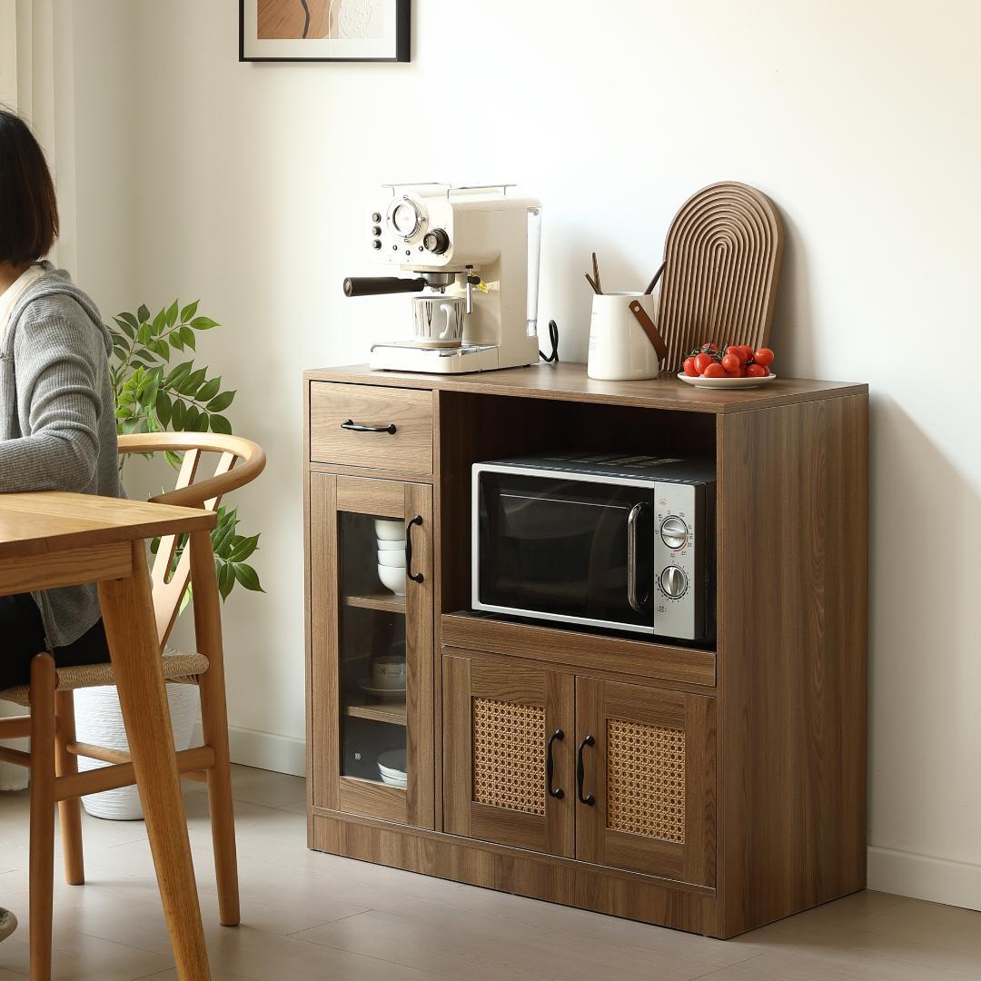 【今だけ特価】キッチンカウンター レンジボード 収納 ガラス BROWN