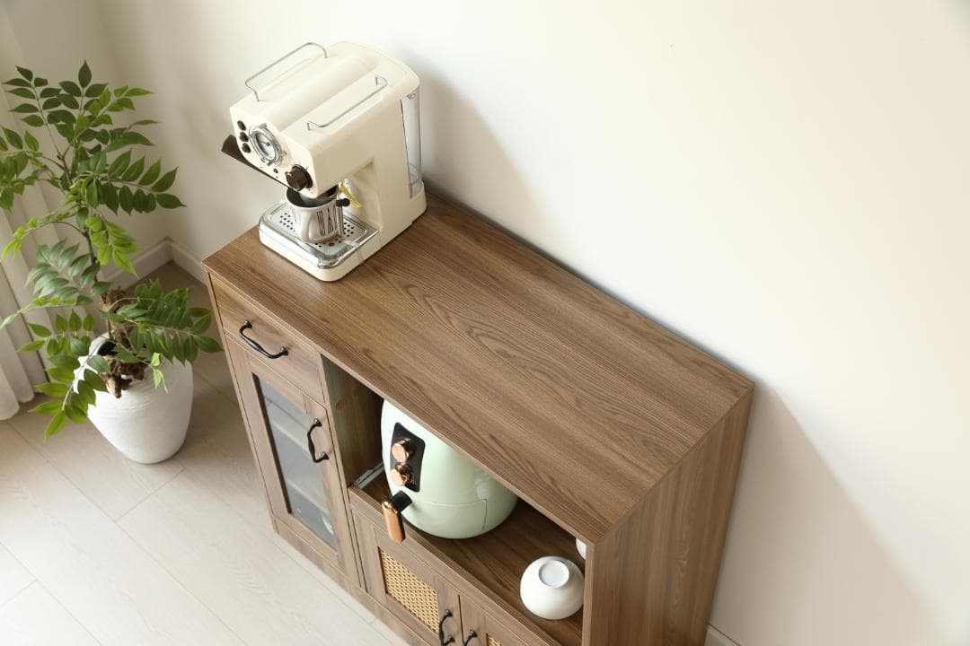 【今だけ特価】キッチンカウンター レンジボード 収納 ガラス BROWN
