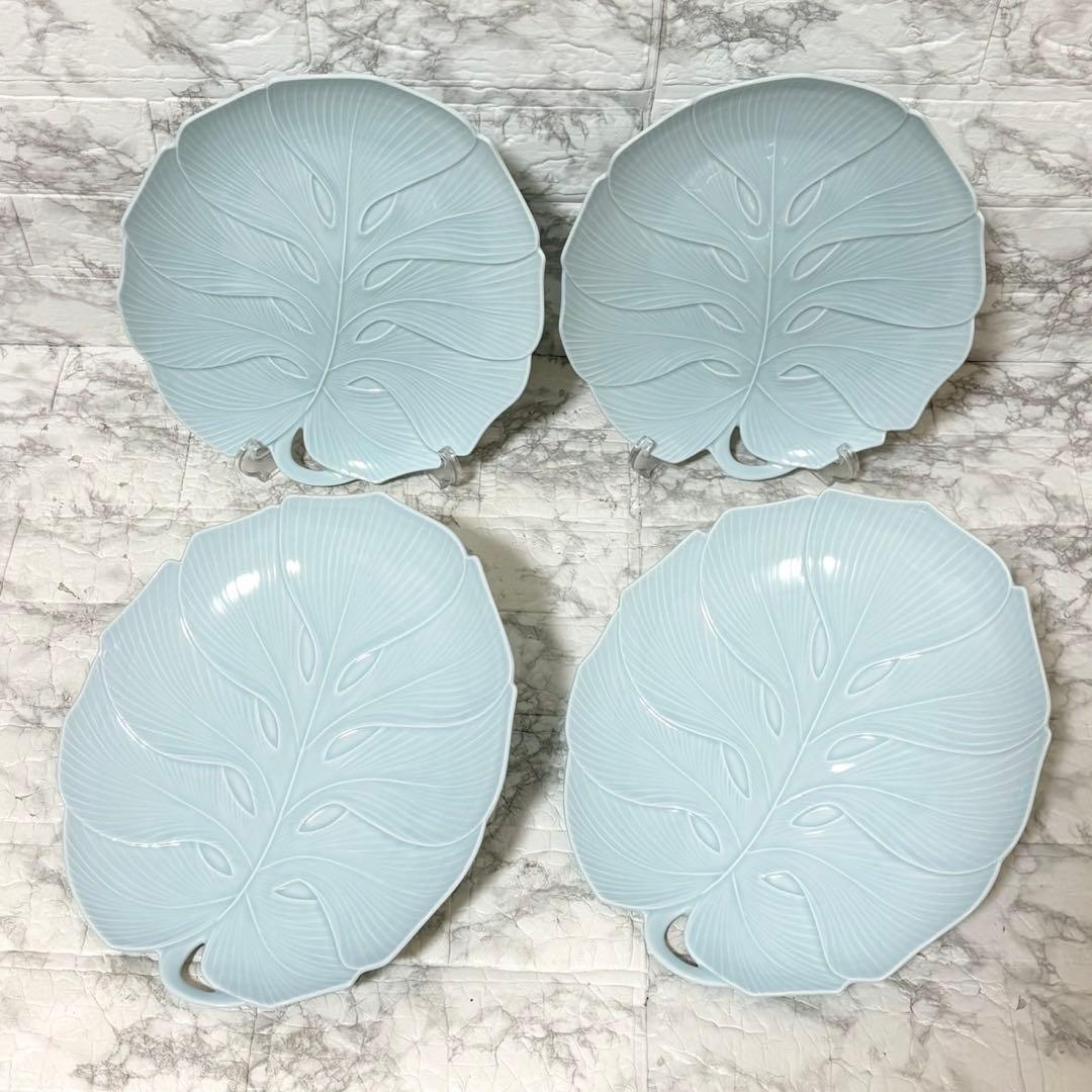 【未使用 希少】香蘭社 「モンステラ」大皿 青磁 29cm 4枚