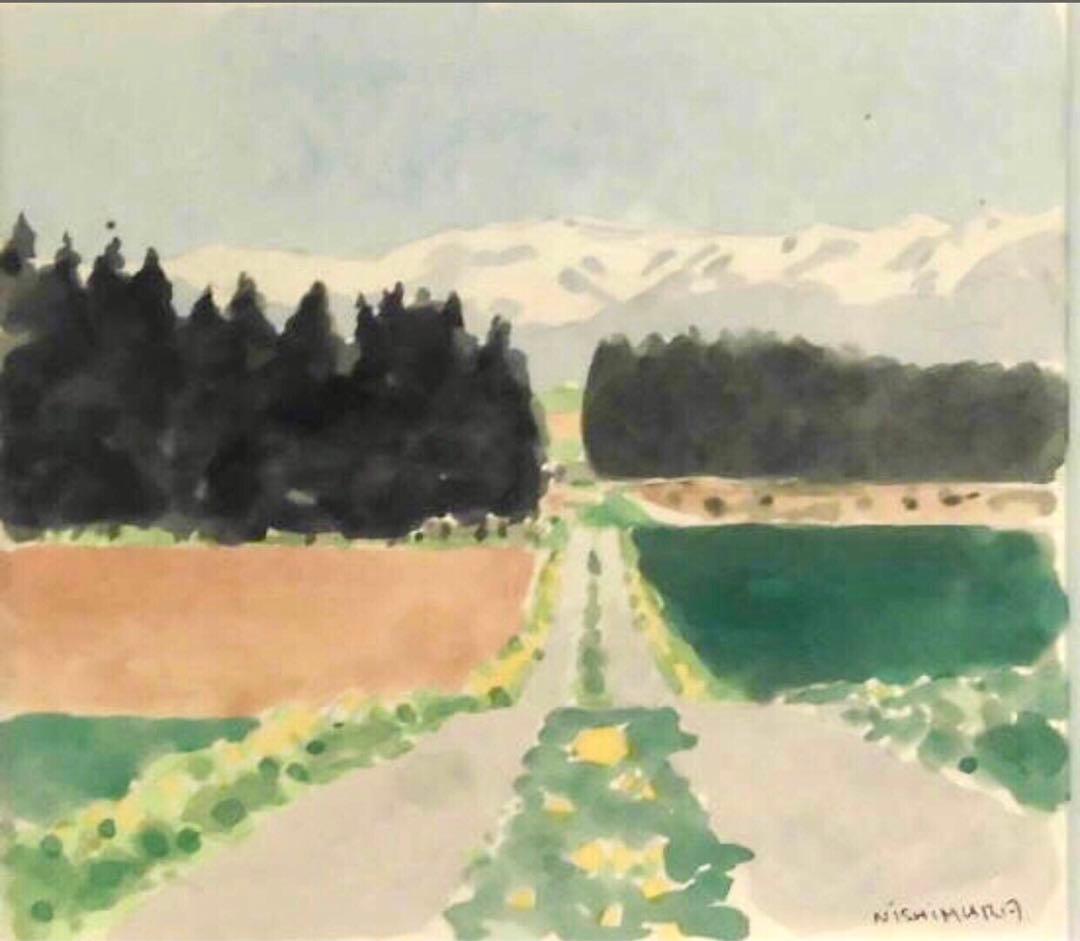 西村公義 水彩原画「春の富良野」直筆サイン 額装40x43cm 真作保証