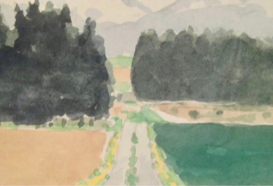 西村公義 水彩原画「春の富良野」直筆サイン 額装40x43cm 真作保証