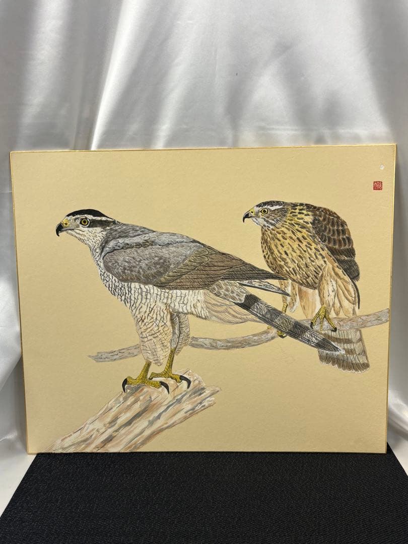【額無水彩画】オオタカ・オオカミ 2枚セット　川崎 信夫 3087