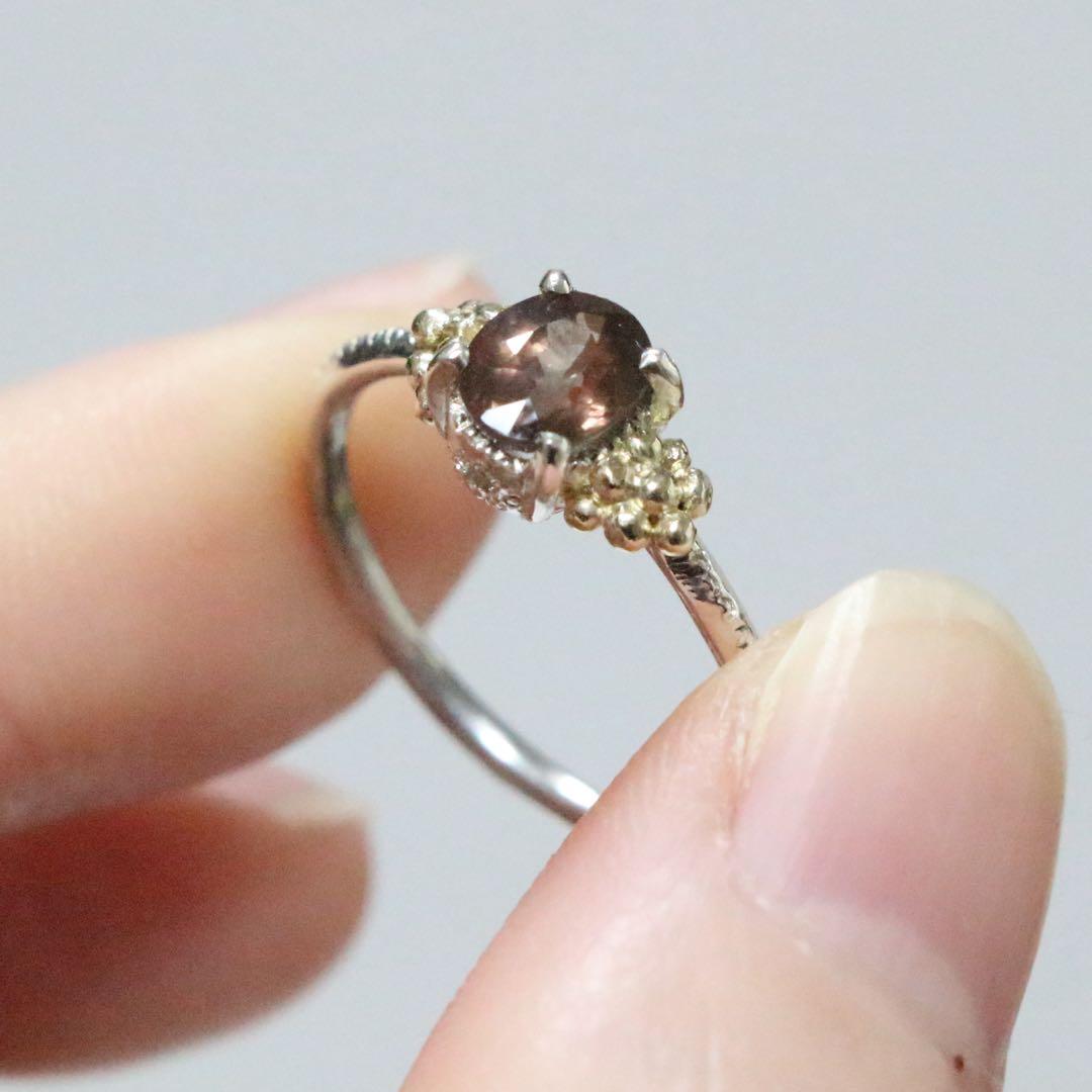 セピア色の6×5mm大きめカラーチェンジガーネットK10粒々シルバーリング13号