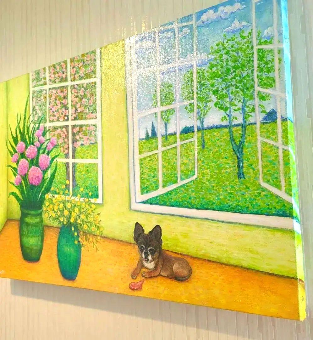 キャンバス油絵　専用　かわいいminihuくんと美しい窓辺　横61cm
