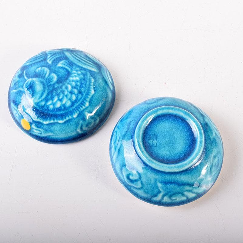 茶道具　萬古焼　加賀瑞山造　トルコ釉　荒磯魚文香合　共箱　V　7150