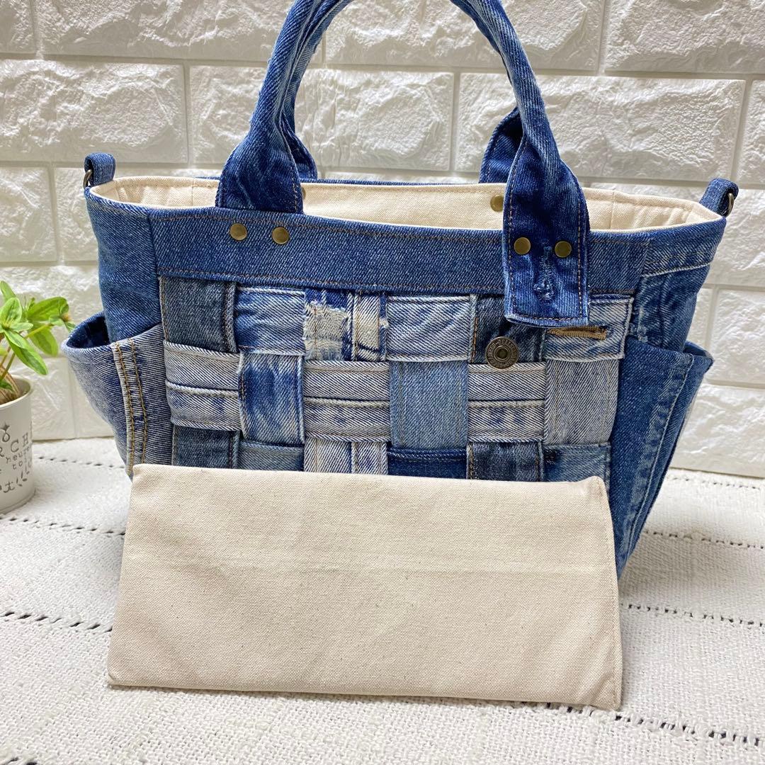 ハンドメイド　デニムリメイク　編み込みトートバッグ　ミディアムブルー