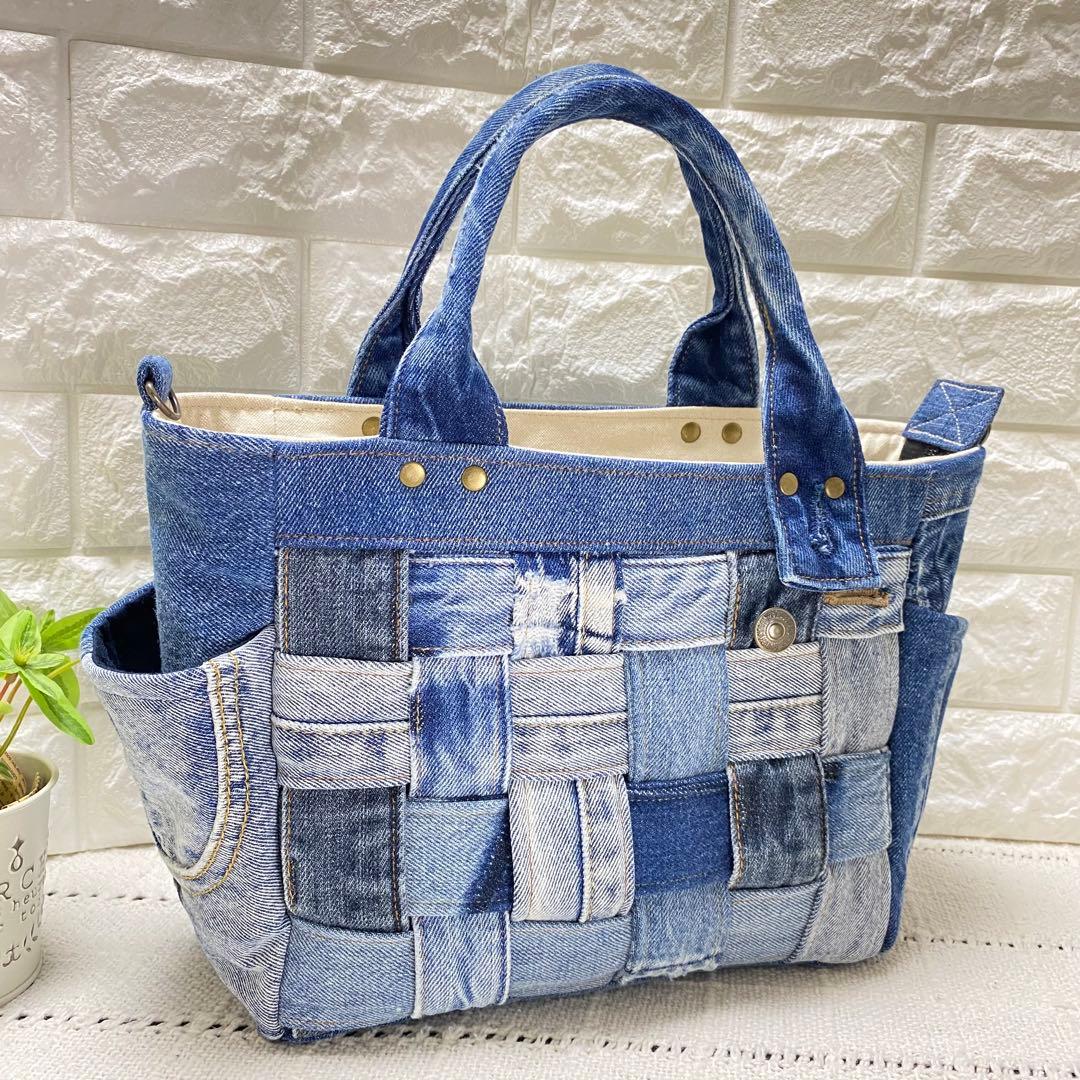 ハンドメイド　デニムリメイク　編み込みトートバッグ　ミディアムブルー