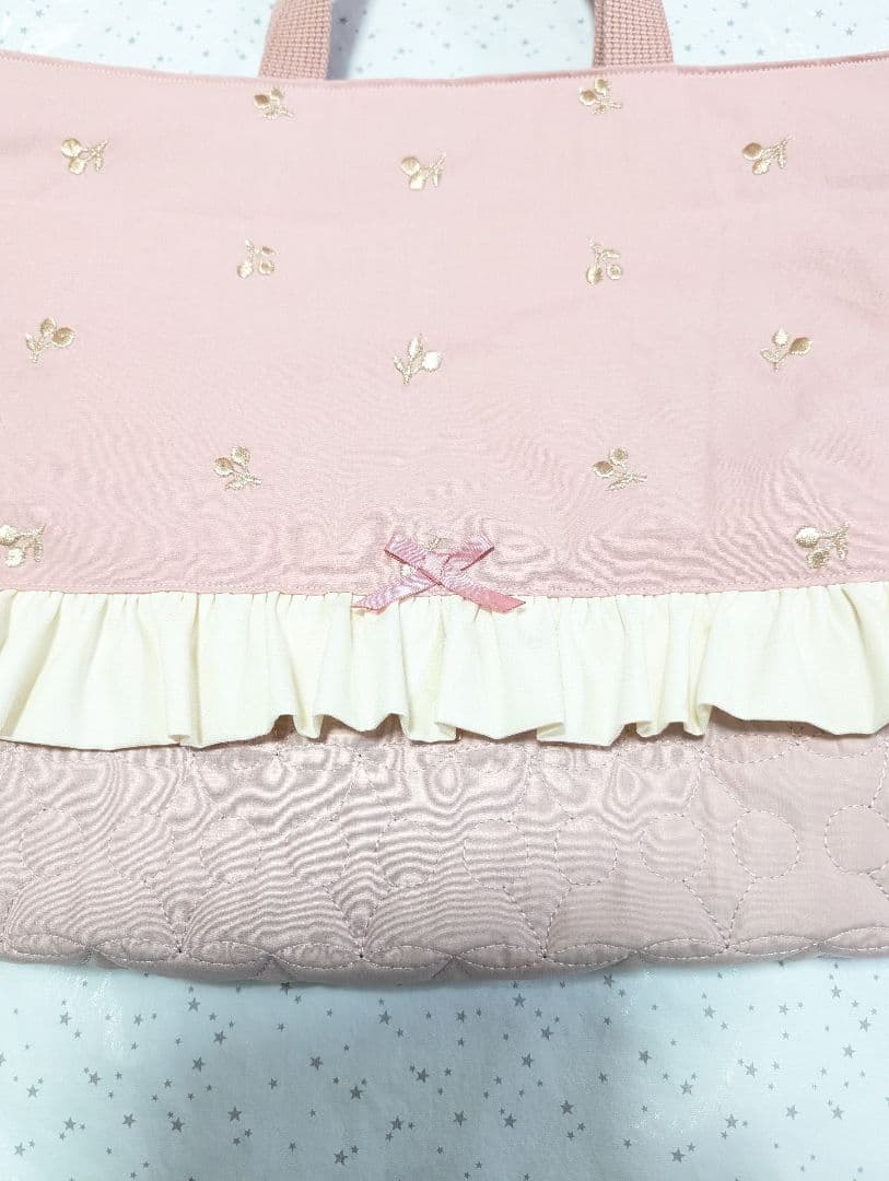 レッスンバッグ　上履き入れ　体操服袋　チェリー刺繍×チェリーキルト　ハンドメイド