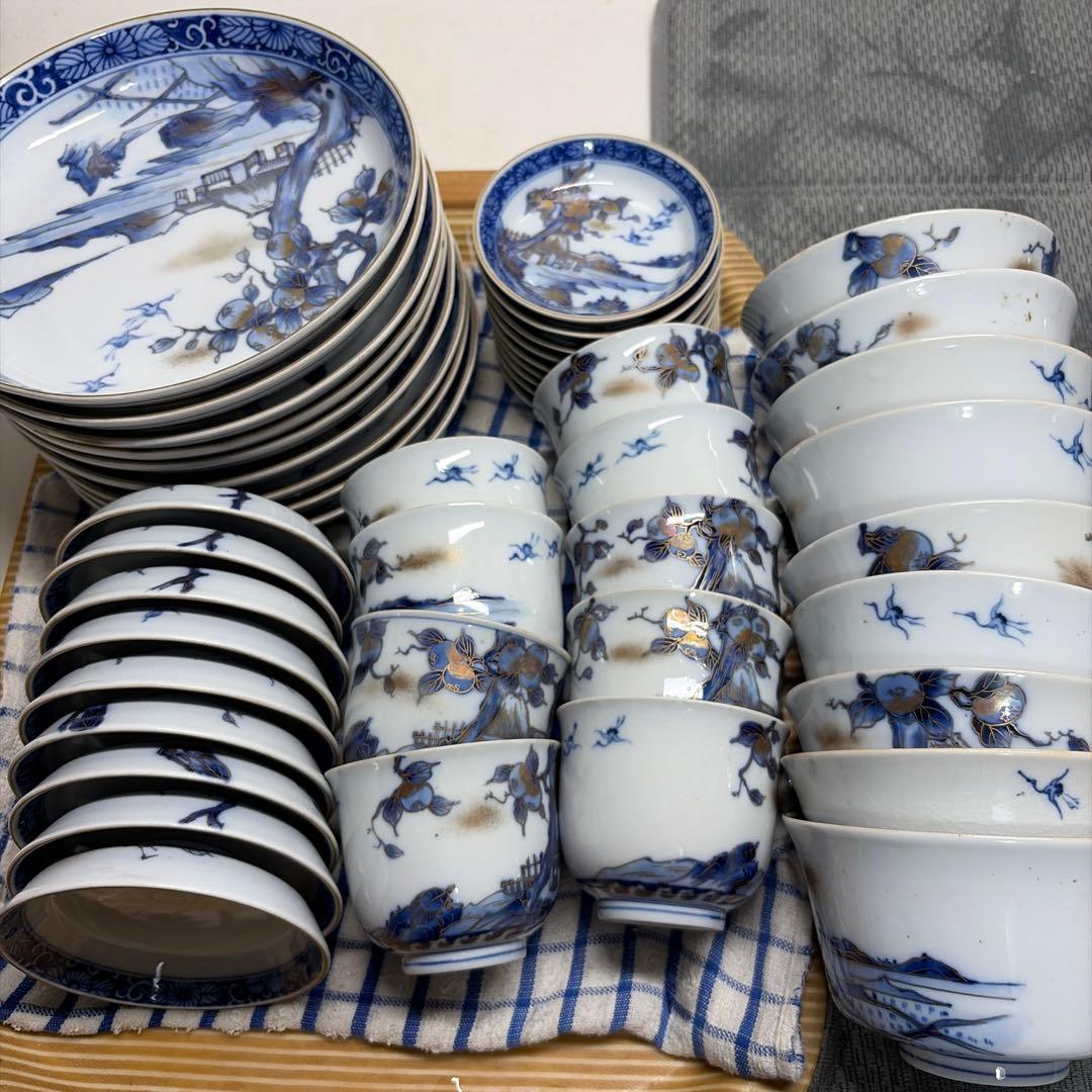 九谷　青白磁 食器セット 風景画