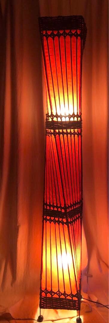 フロア照明2灯式　ラタン✖️布　トールライト　アジアン　バリ　寝室　店舗にも　美品