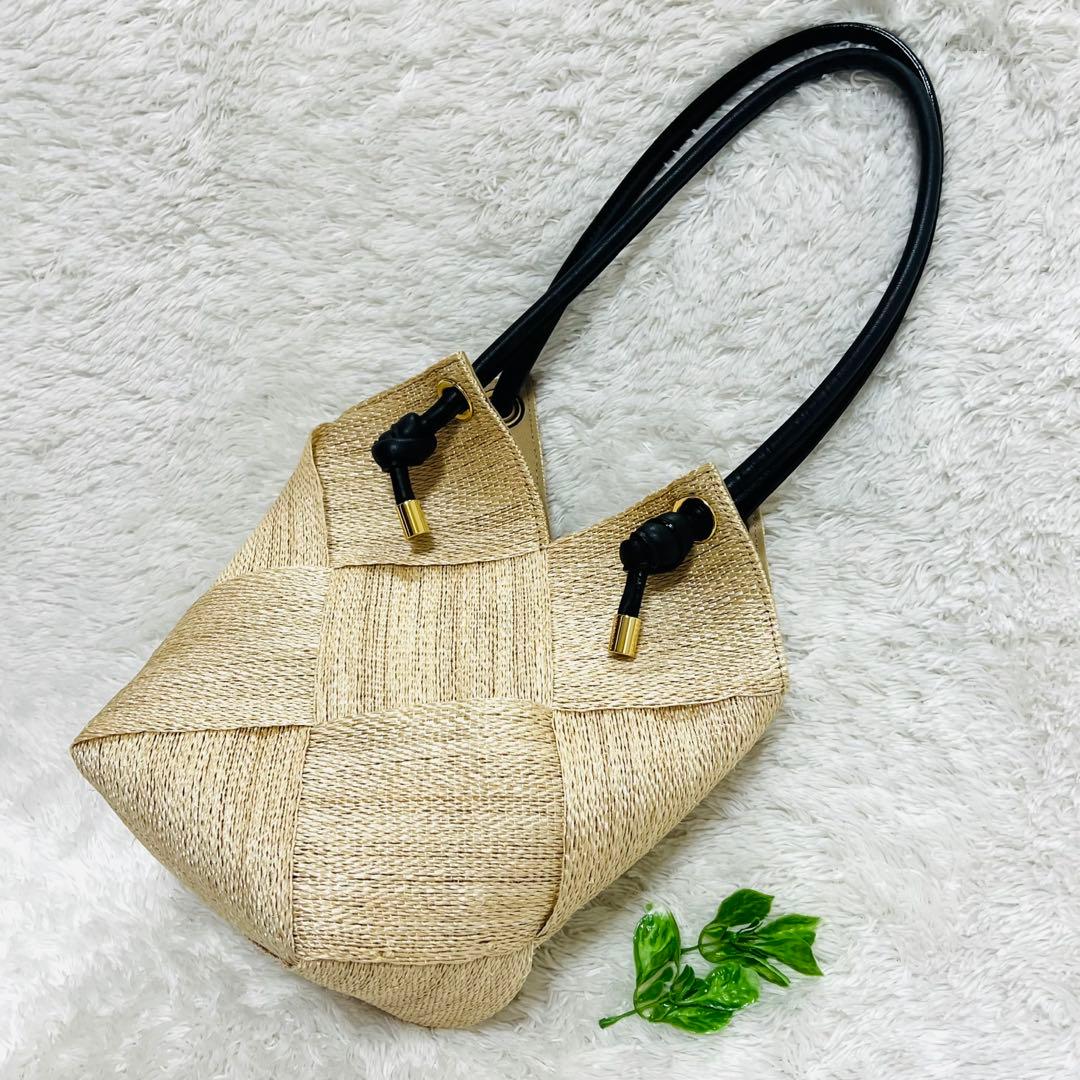 VIOLAd’ORO かごバッグ ラフィア×レザー ハンドバッグ ベージュ