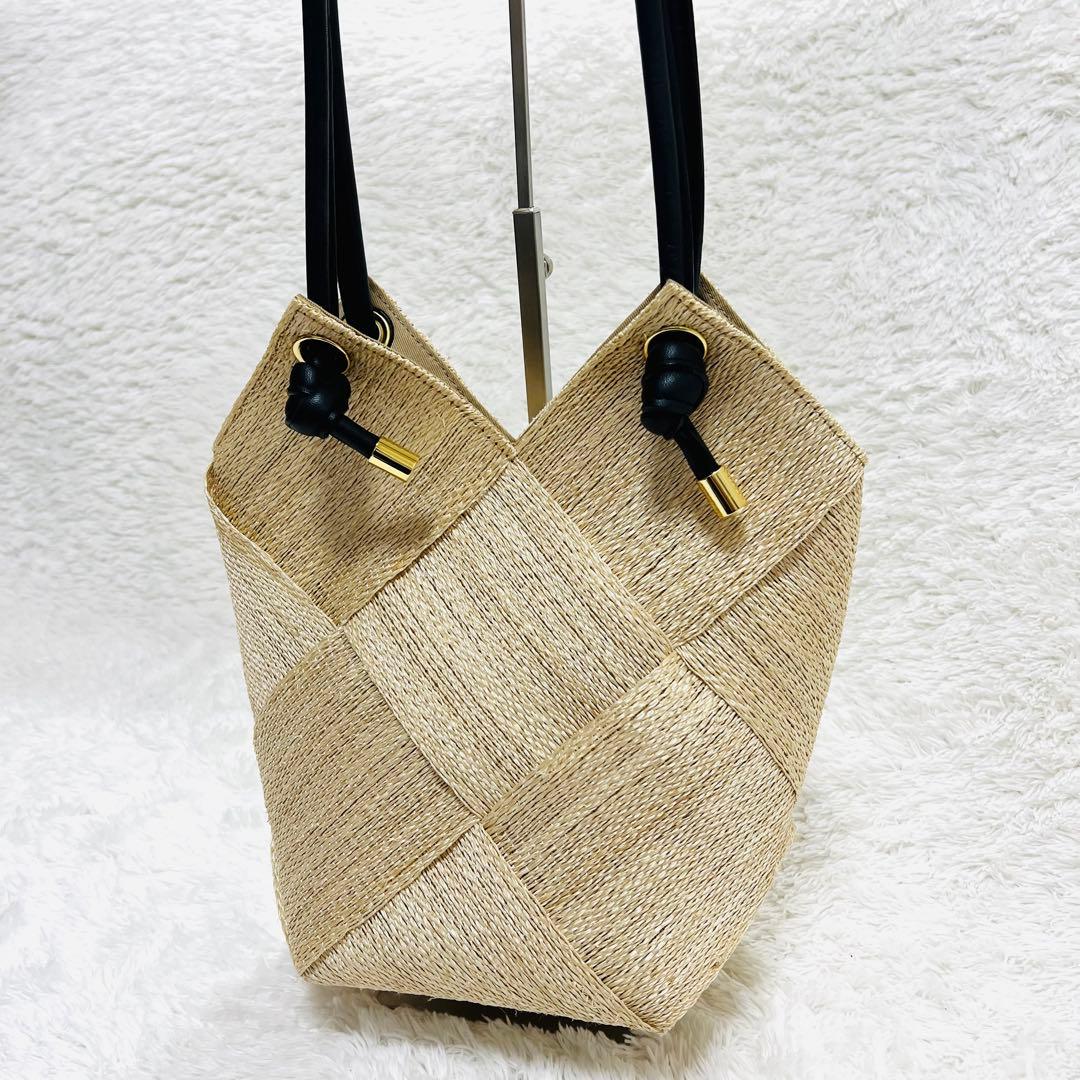 VIOLAd’ORO かごバッグ ラフィア×レザー ハンドバッグ ベージュ