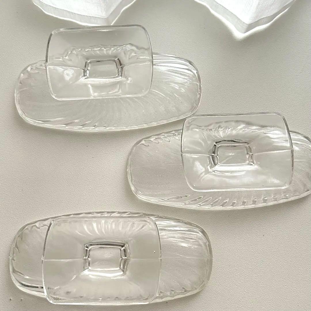 ヴィンテージ 昭和レトロ ガラス製 デザート皿 3個セット サンデー皿 横長