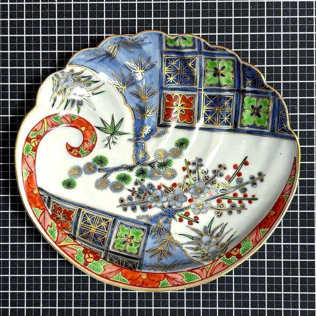 未使用保管✨九谷焼 芳岳 染錦松竹梅 鮑型 皿 単品✨中皿 皿 吉祥 松竹梅