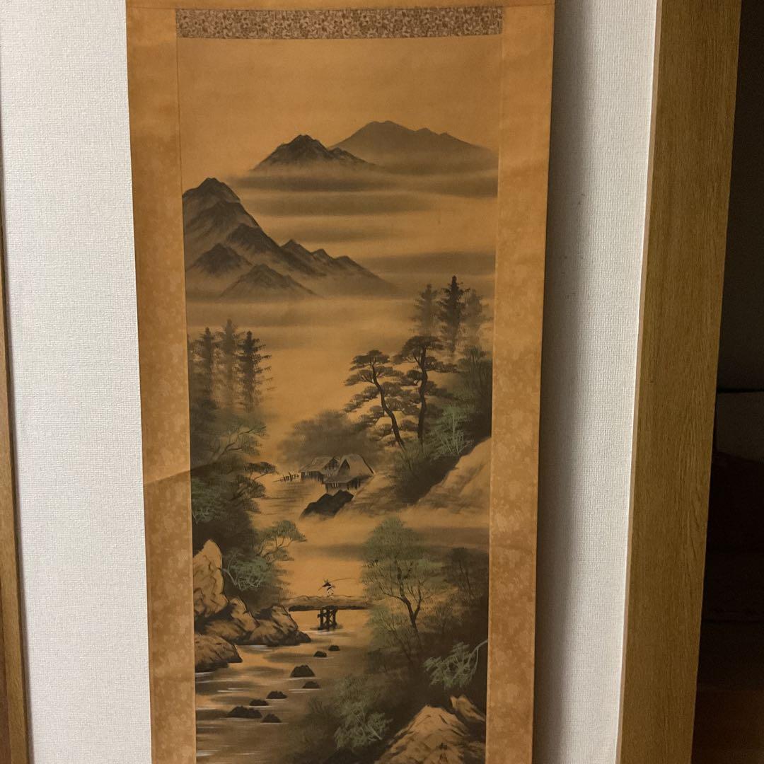 絹本彩色山水図 栖城筆 山村風景画 桐箱付