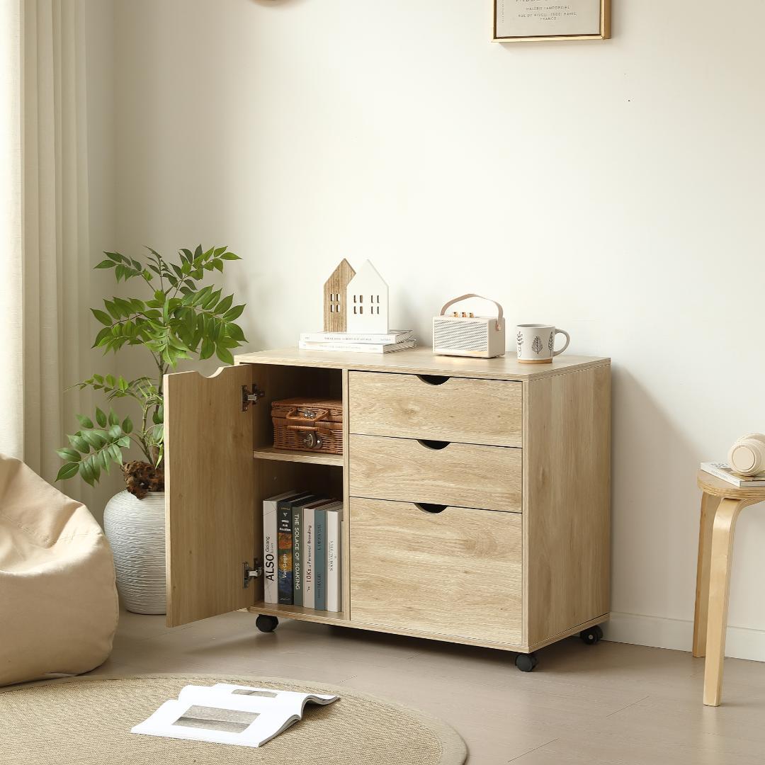 キャビネット キャスター付き 引き出し3段 大容量 リビング収納 NATURAL