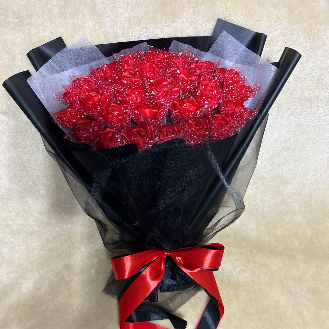 30本赤バラブーケ 60＊50cm ラッピングリボン 2重❣️枯れない花 永生花