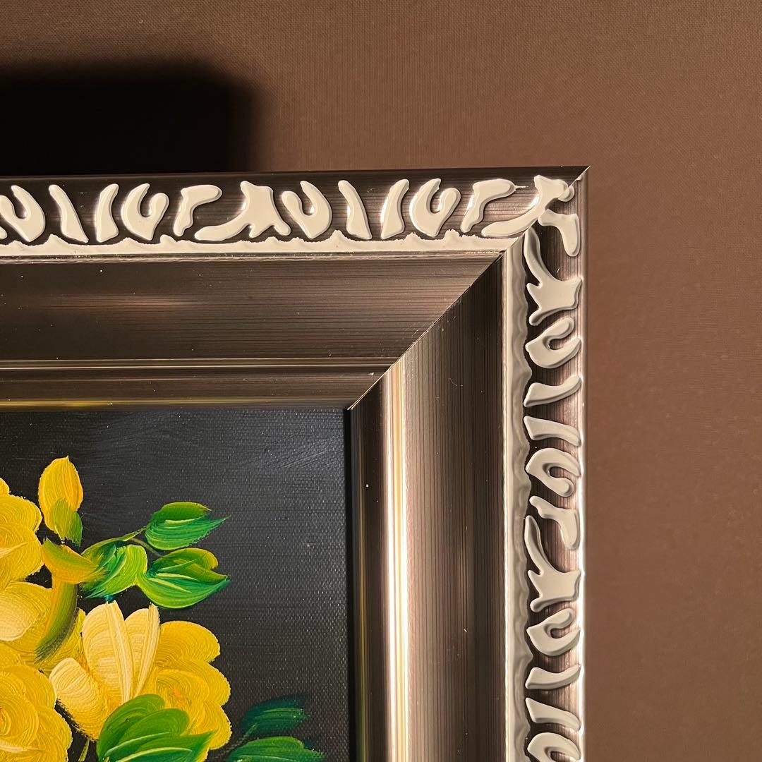 手書き油絵 花瓶のバラ イエロー 額付 肉筆絵画 インテリア 油彩画