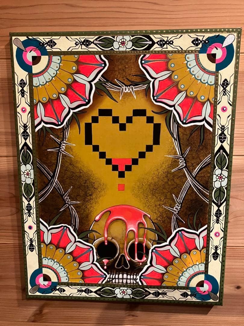 現代アート 油彩画 肉筆 一点物 スカル ピクセルハート F6号相当 ガレージ