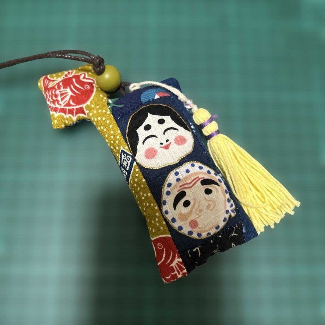 和柄チャーム おかめひょっとこ 鯛柄 和柄バッヂ天狗