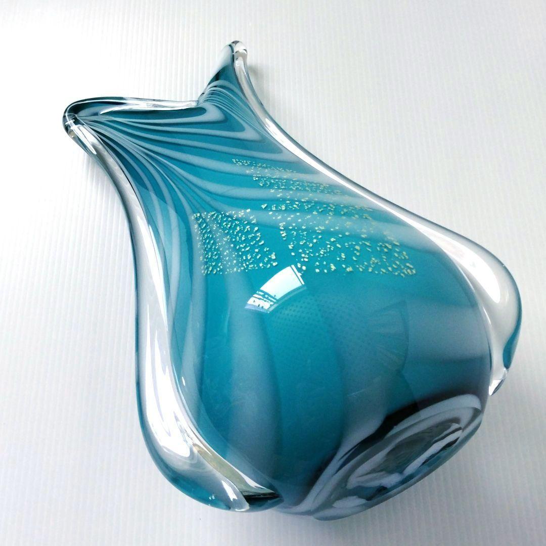 カメイガラス ガラス 花器 フラワーベース 花瓶 ブルー ターコイズブルー 金箔