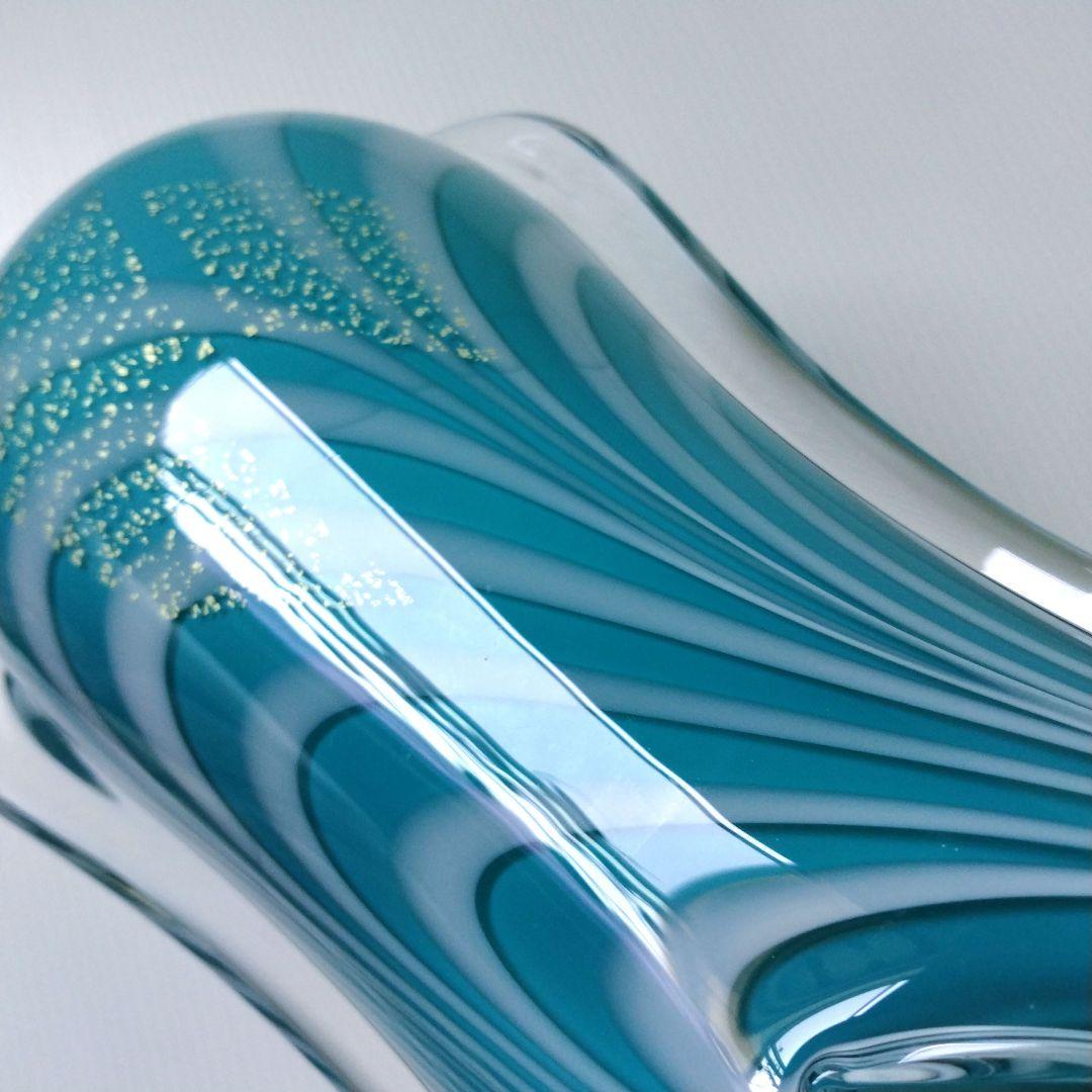 カメイガラス ガラス 花器 フラワーベース 花瓶 ブルー ターコイズブルー 金箔