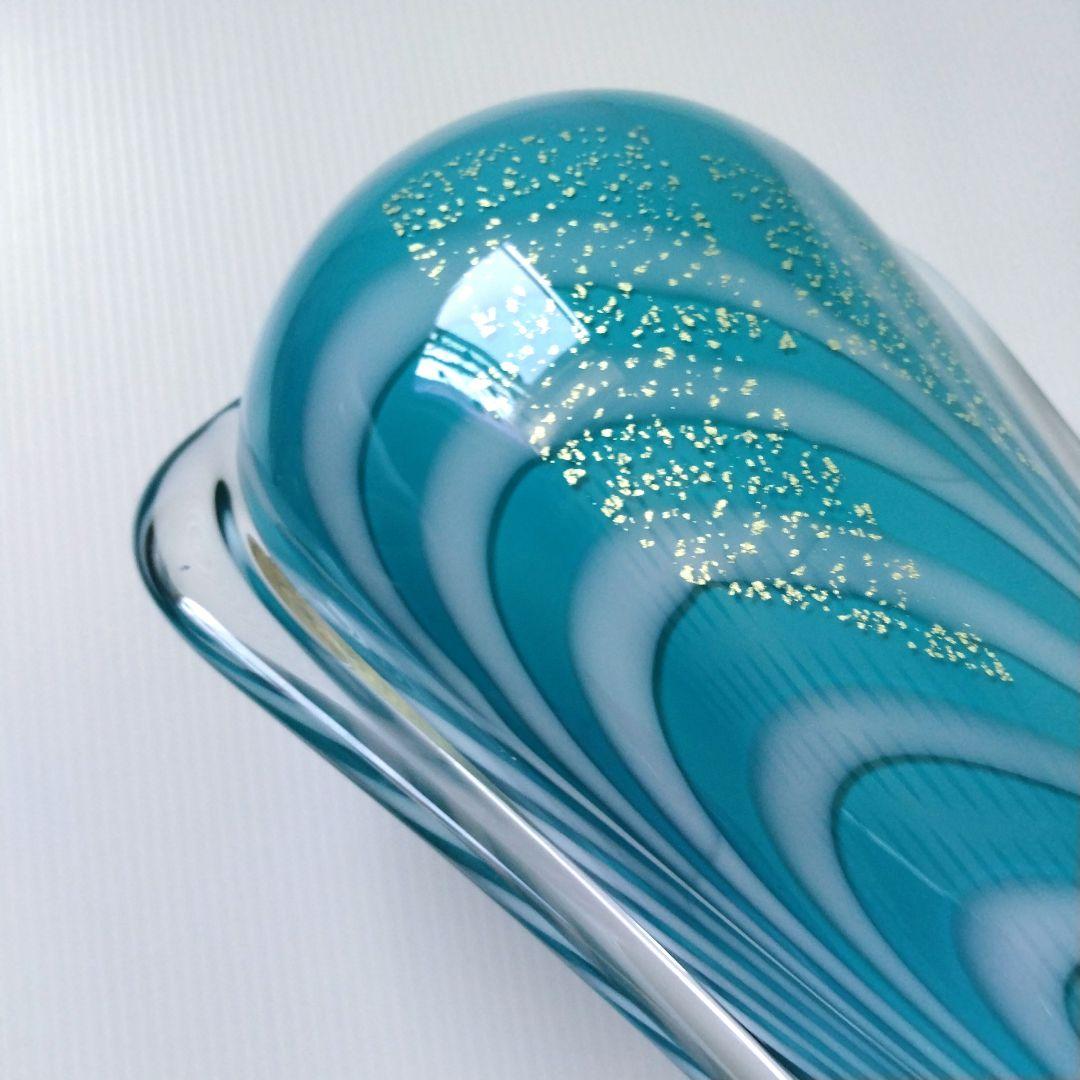 カメイガラス ガラス 花器 フラワーベース 花瓶 ブルー ターコイズブルー 金箔