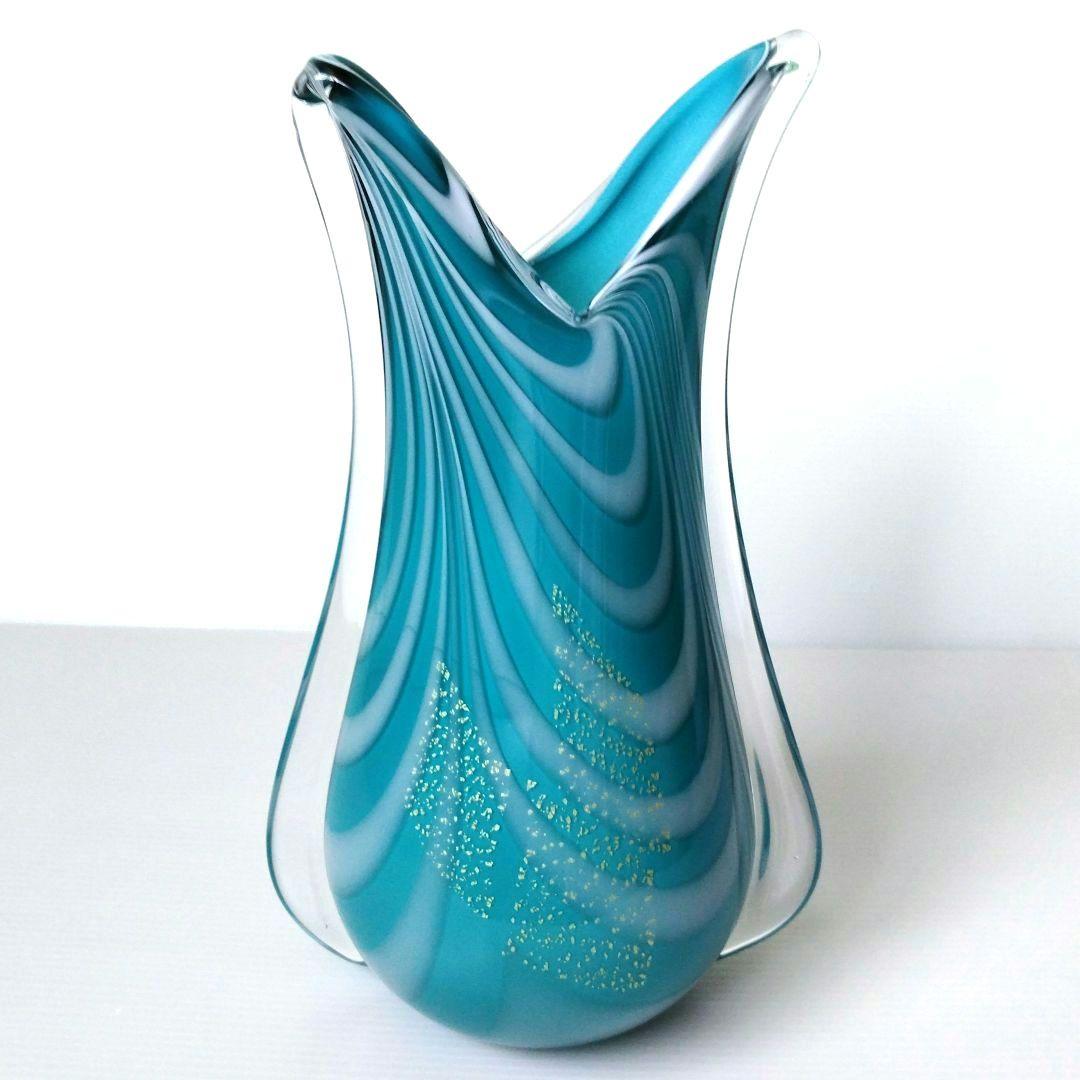 カメイガラス ガラス 花器 フラワーベース 花瓶 ブルー ターコイズブルー 金箔