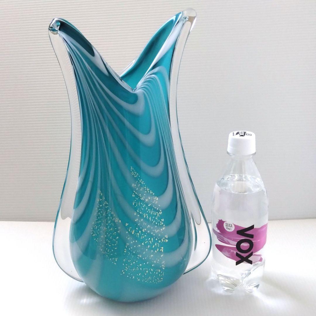 カメイガラス ガラス 花器 フラワーベース 花瓶 ブルー ターコイズブルー 金箔