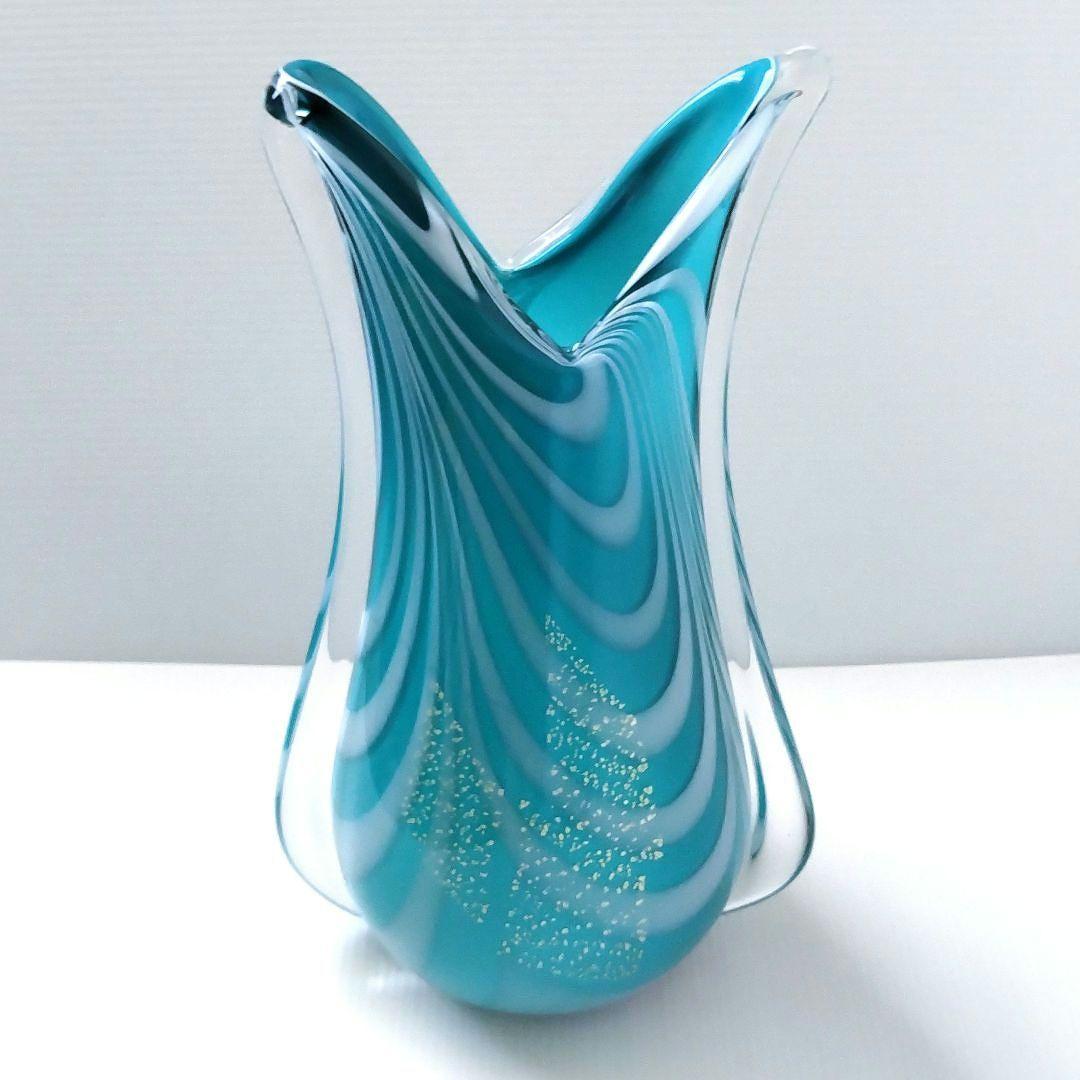 カメイガラス ガラス 花器 フラワーベース 花瓶 ブルー ターコイズブルー 金箔