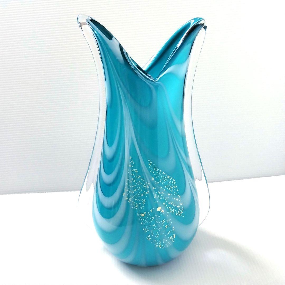 カメイガラス ガラス 花器 フラワーベース 花瓶 ブルー ターコイズブルー 金箔
