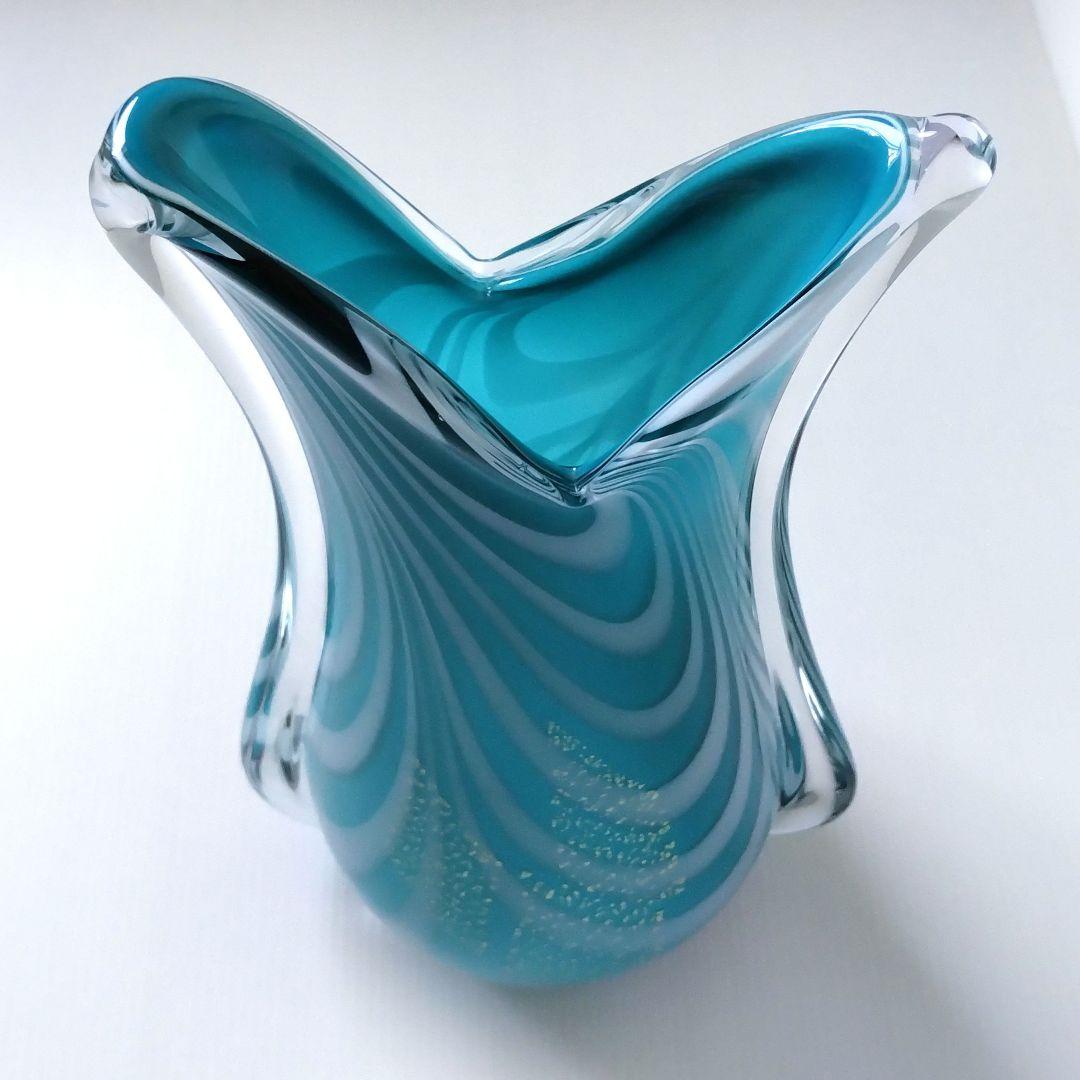 カメイガラス ガラス 花器 フラワーベース 花瓶 ブルー ターコイズブルー 金箔