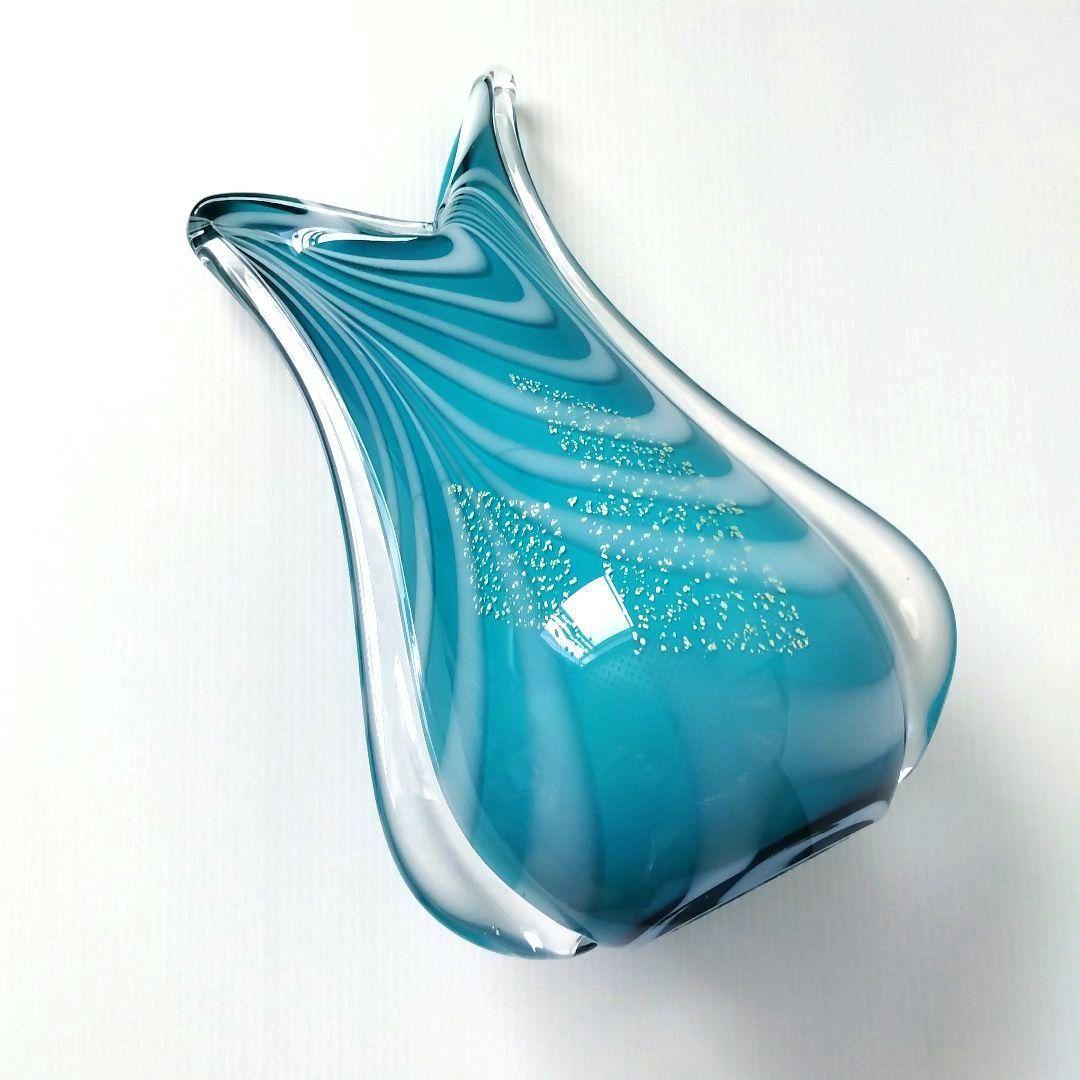 カメイガラス ガラス 花器 フラワーベース 花瓶 ブルー ターコイズブルー 金箔