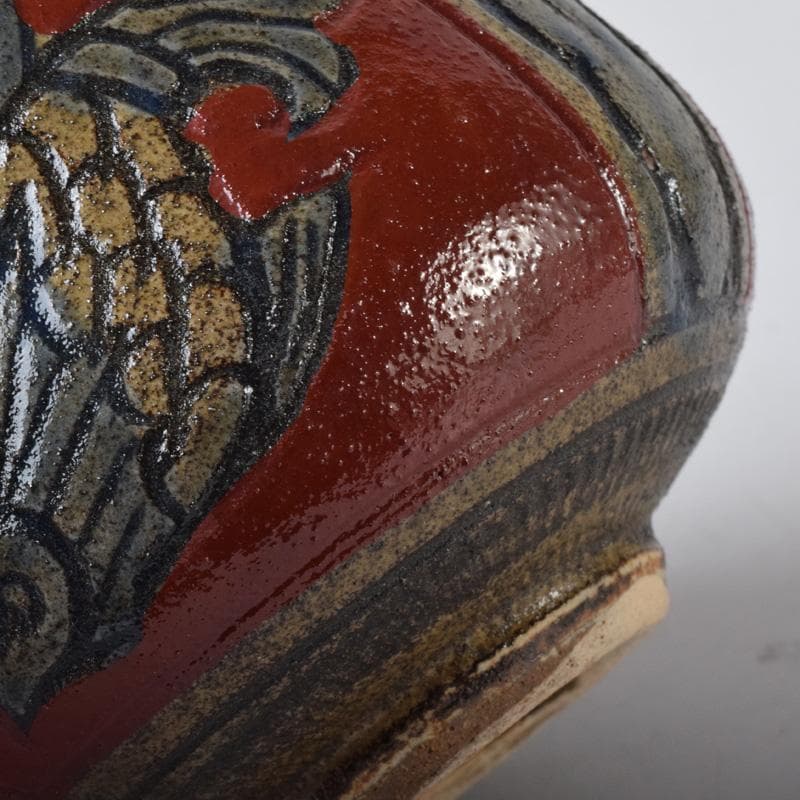 琉球美術　壺屋焼　小橋川清正作　赤絵　魚文　茶碗　共箱　C　7789