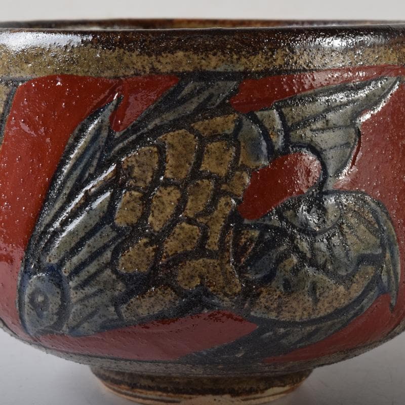 琉球美術　壺屋焼　小橋川清正作　赤絵　魚文　茶碗　共箱　C　7789