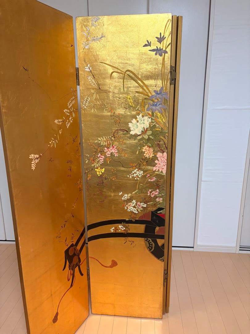 金屏風　金箔　花車　四つ折り　4曲　パーテーション　衝立