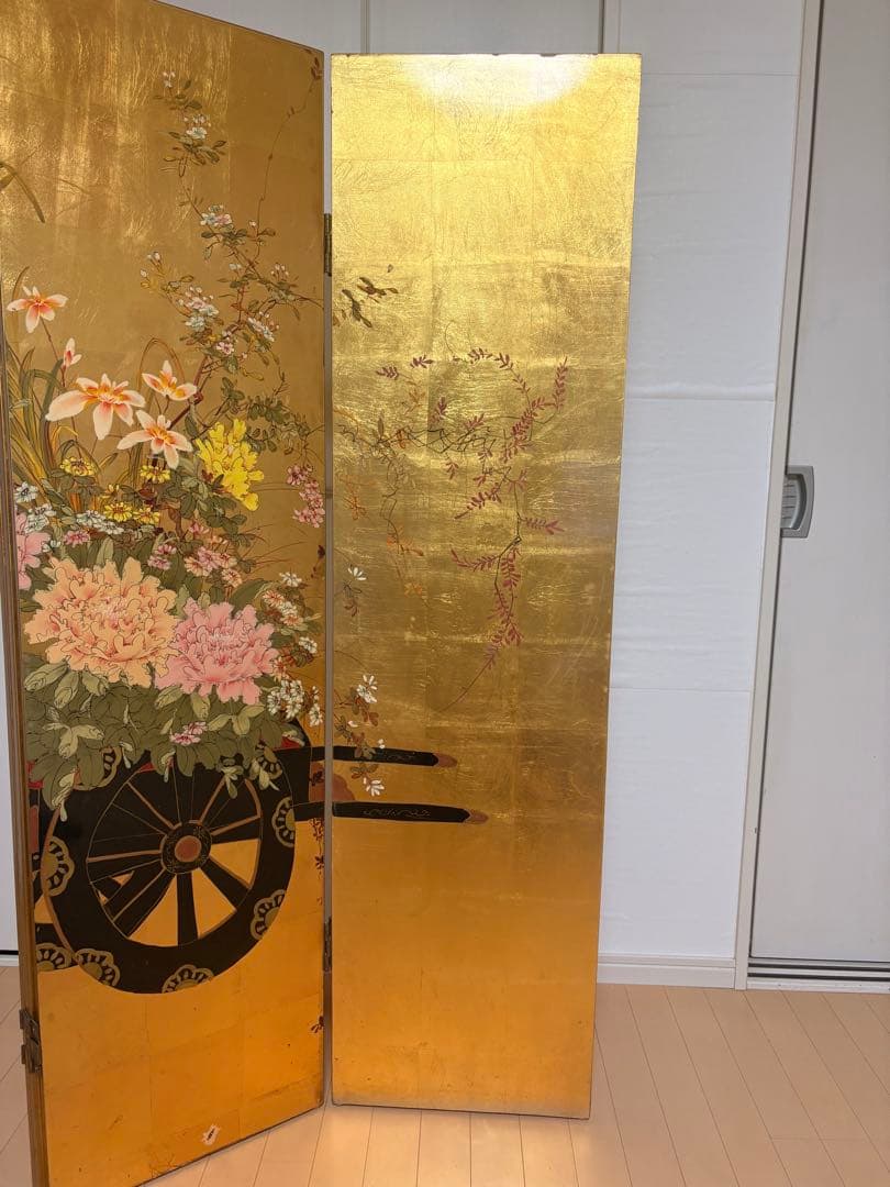 金屏風　金箔　花車　四つ折り　4曲　パーテーション　衝立