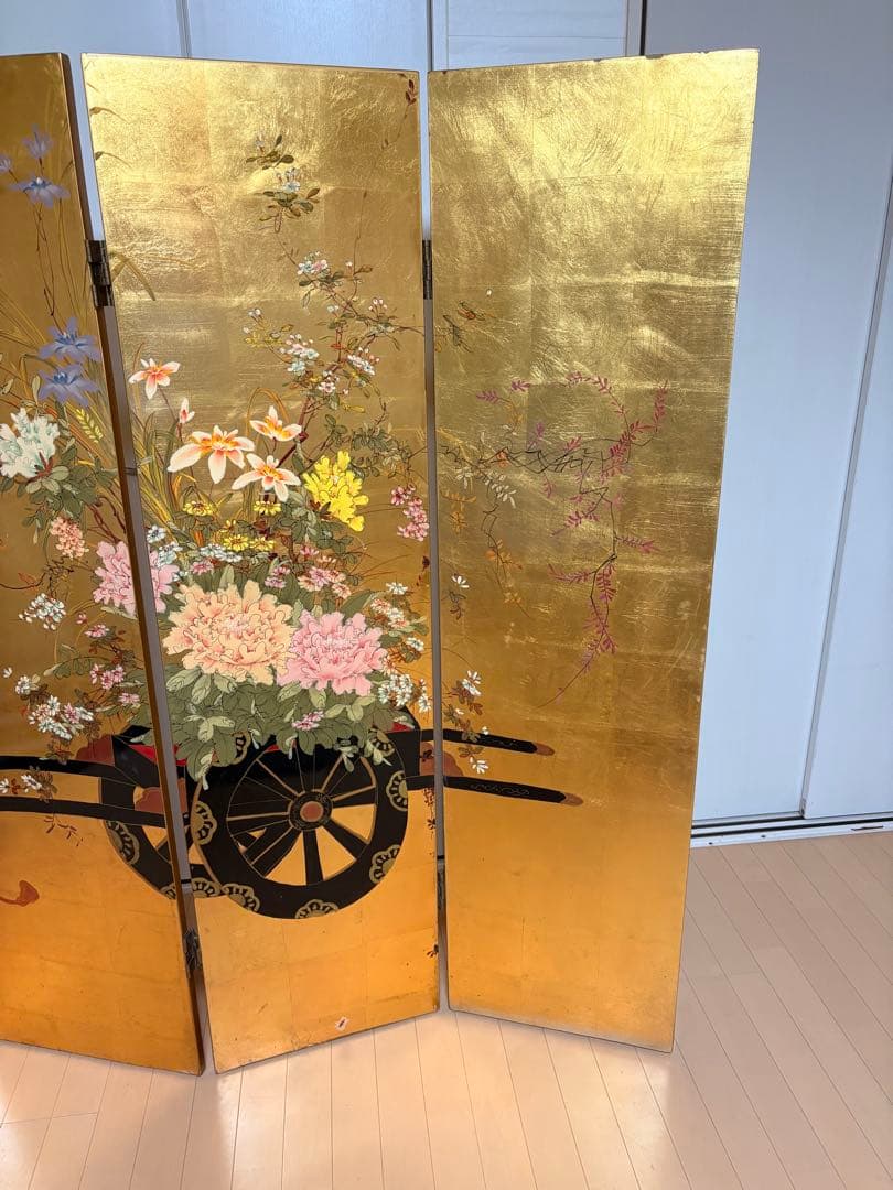 金屏風　金箔　花車　四つ折り　4曲　パーテーション　衝立
