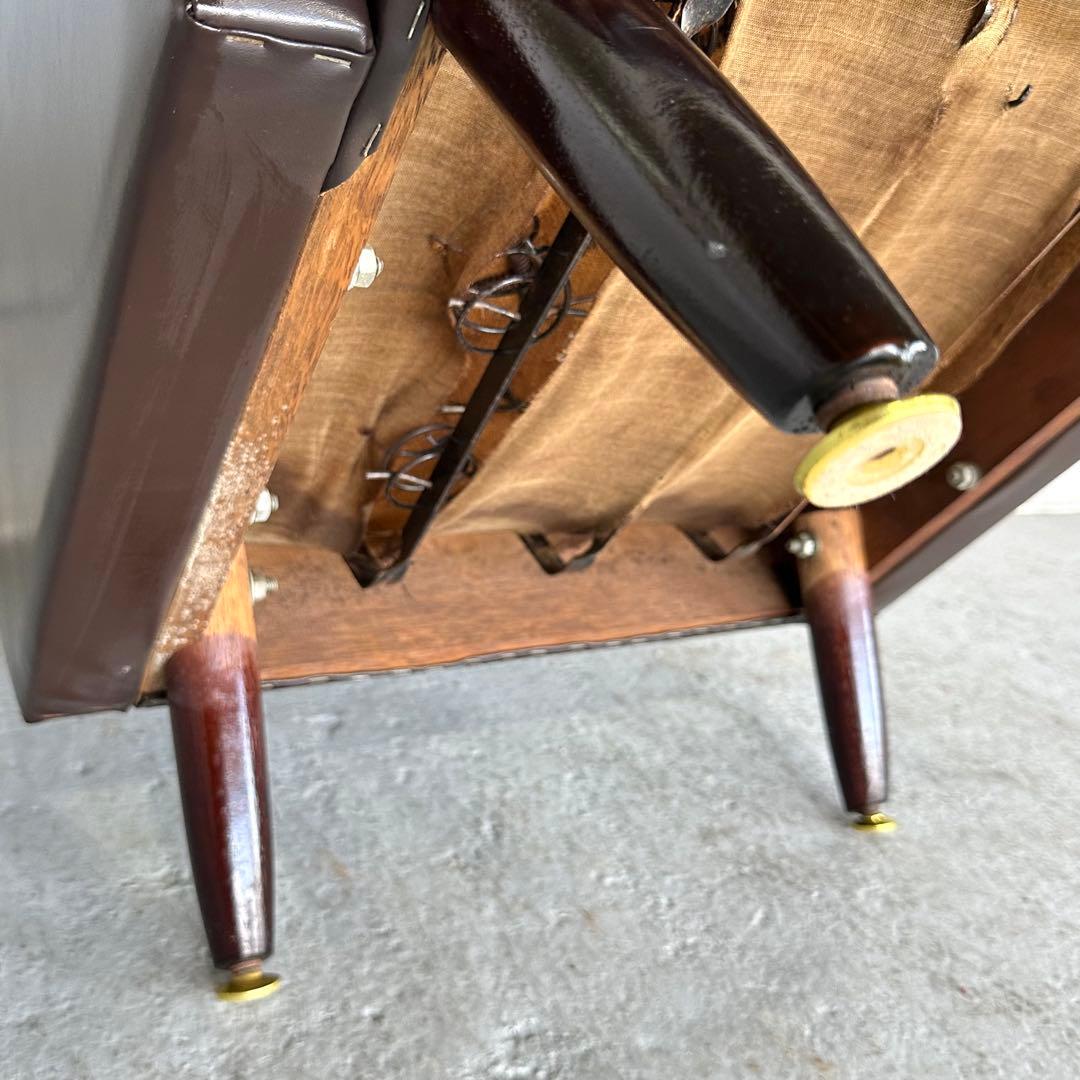 ★昭和60年代★ヴィンテージ 応接ソファ 1人掛け 木肘 ブラウン 合皮 レトロ