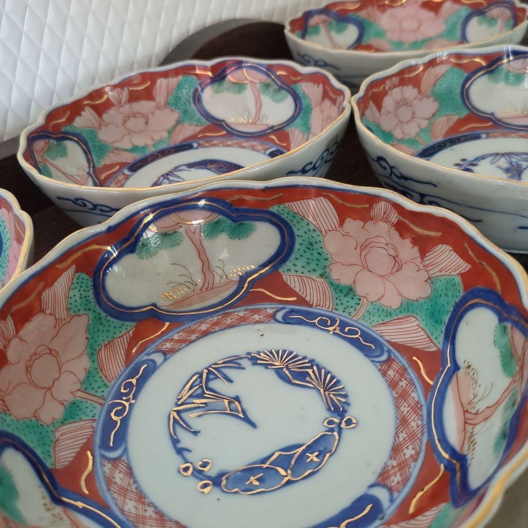 骨董　なます皿　色絵　沈金　牡丹　ぼたん　松竹梅　5枚〜