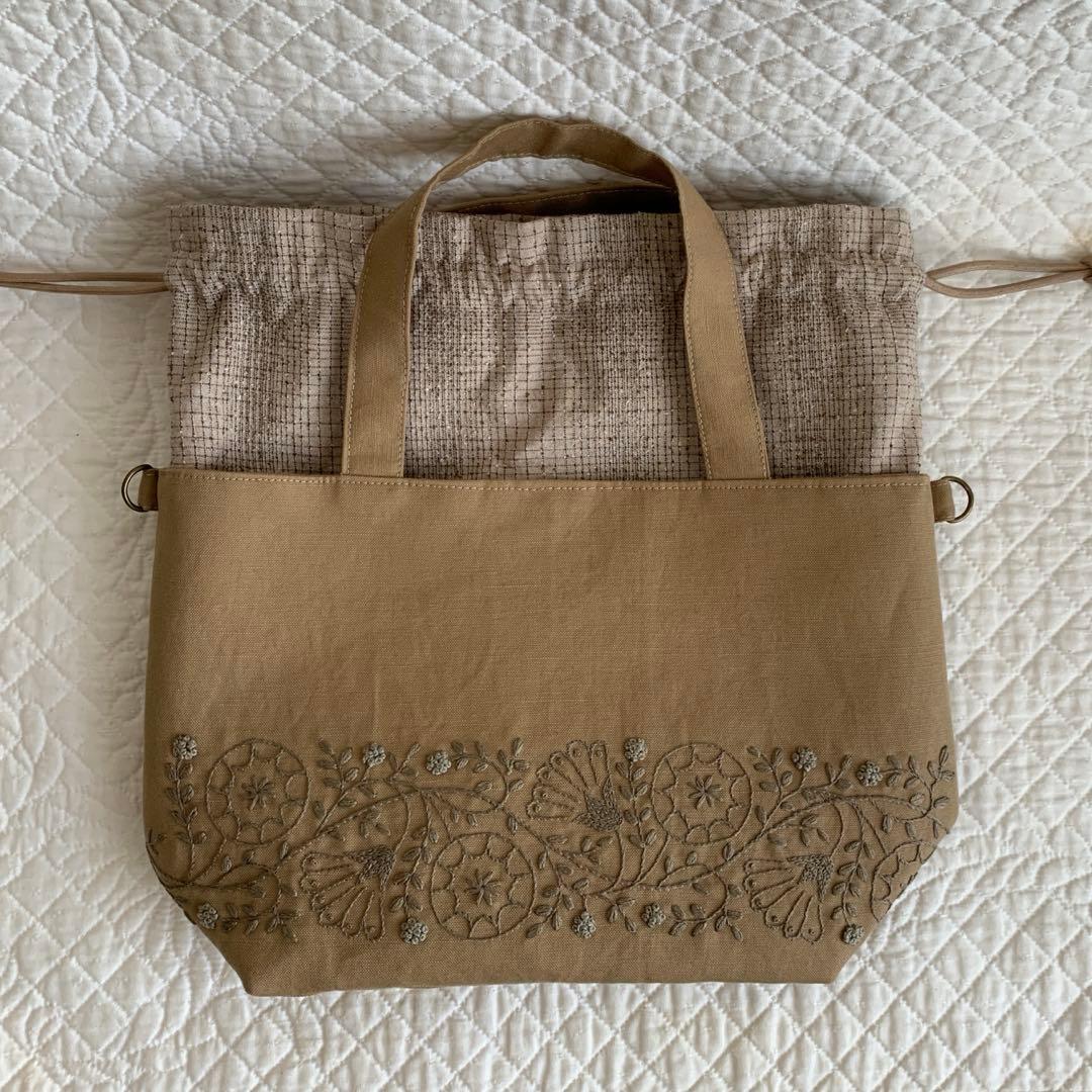 手刺繍 巾着ミニバッグ 2way