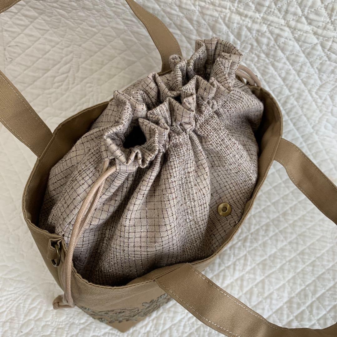 手刺繍 巾着ミニバッグ 2way